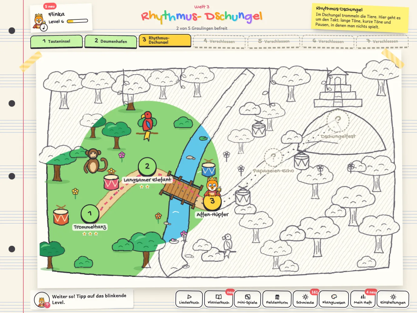 Die Weltenkarte im Spiel: der Rhythmus-Dschungel mit seinen Leveln, daneben der Held.