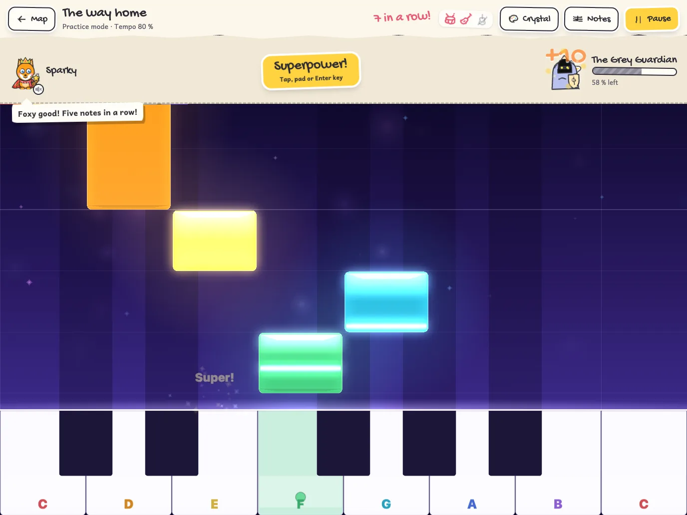 A song in practice mode: coloured bars fall onto the keys, the hero and a Greyling at the top.